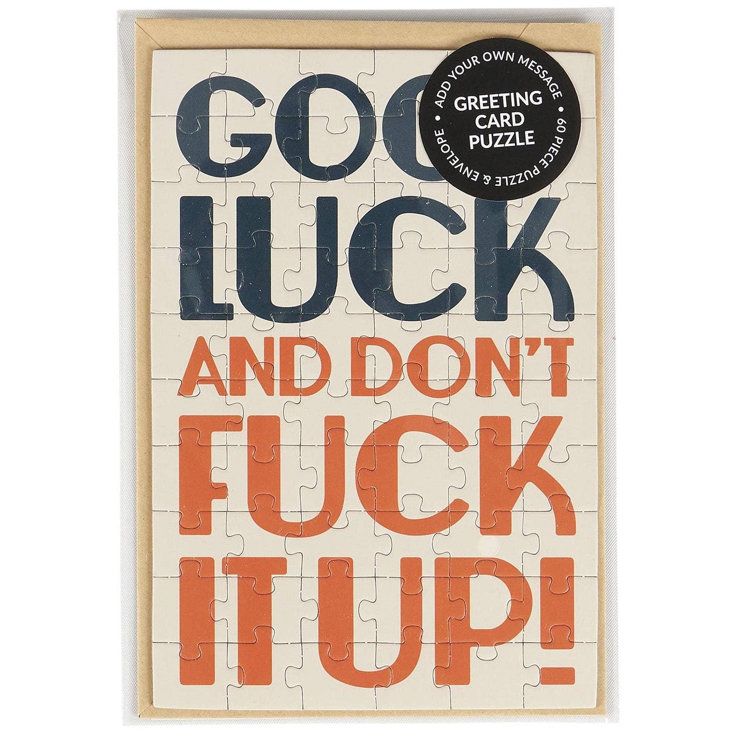 Questionables Good Luck Puzzle Card featuring a colorful, intricate puzzle design on a greeting card.
