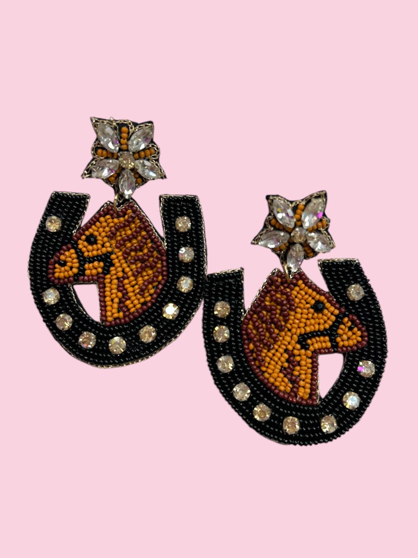 Camel Threads horse shoe beaded earrings featuring colorful beads and silver hooks on a white background.