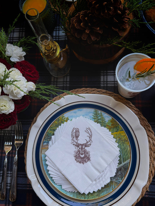 Set of Christmas Deer cocktail napkins by Alexa Pulitzer featuring festive deer illustrations for holiday celebrations.