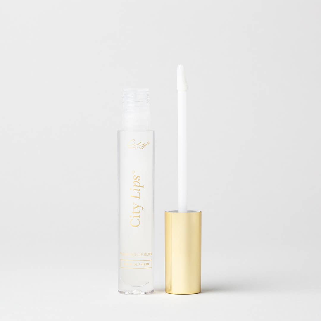 City Lips® Clear plumping lip gloss tube with glossy finish and applicator visible on a neutral background.