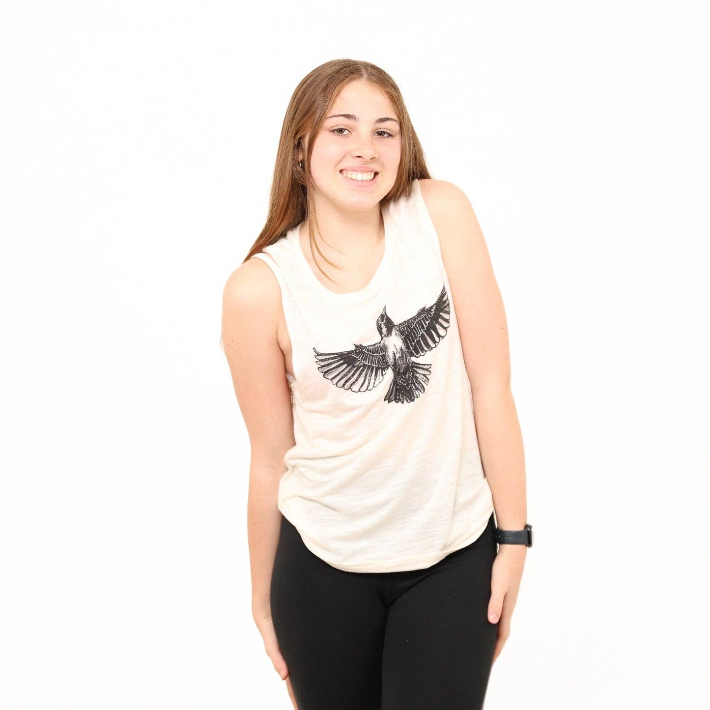 Women's Starling Muscle Tee by Slow Loris, beige sleeveless T-shirt with relaxed fit and star print design.