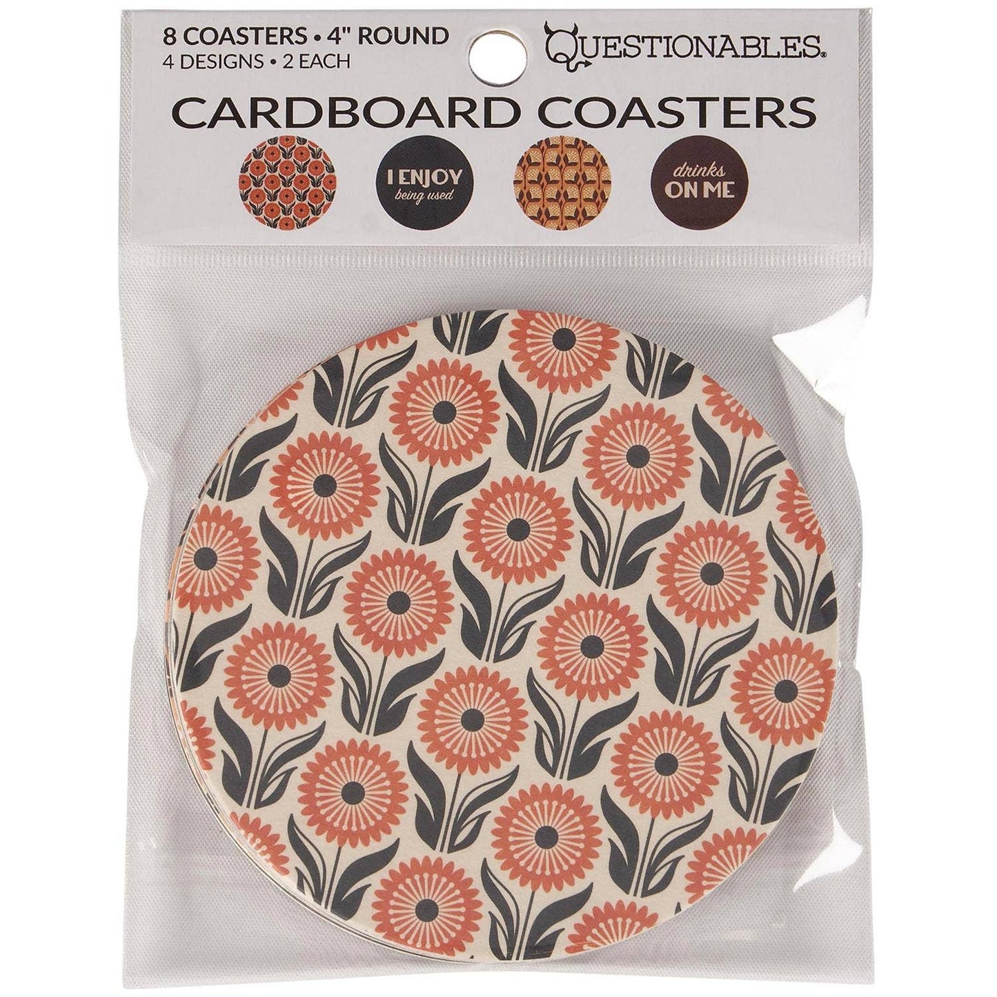 Questionables Drinks On Me coaster set with four barware coasters featuring bold black and white design for drinking decor.