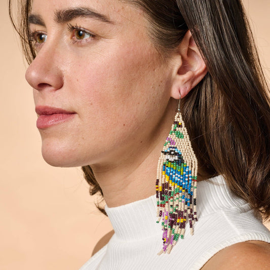Beaded bird fringe earrings with colorful beads and metal accents, stylish dangle earrings from Ten Thousand Villages.