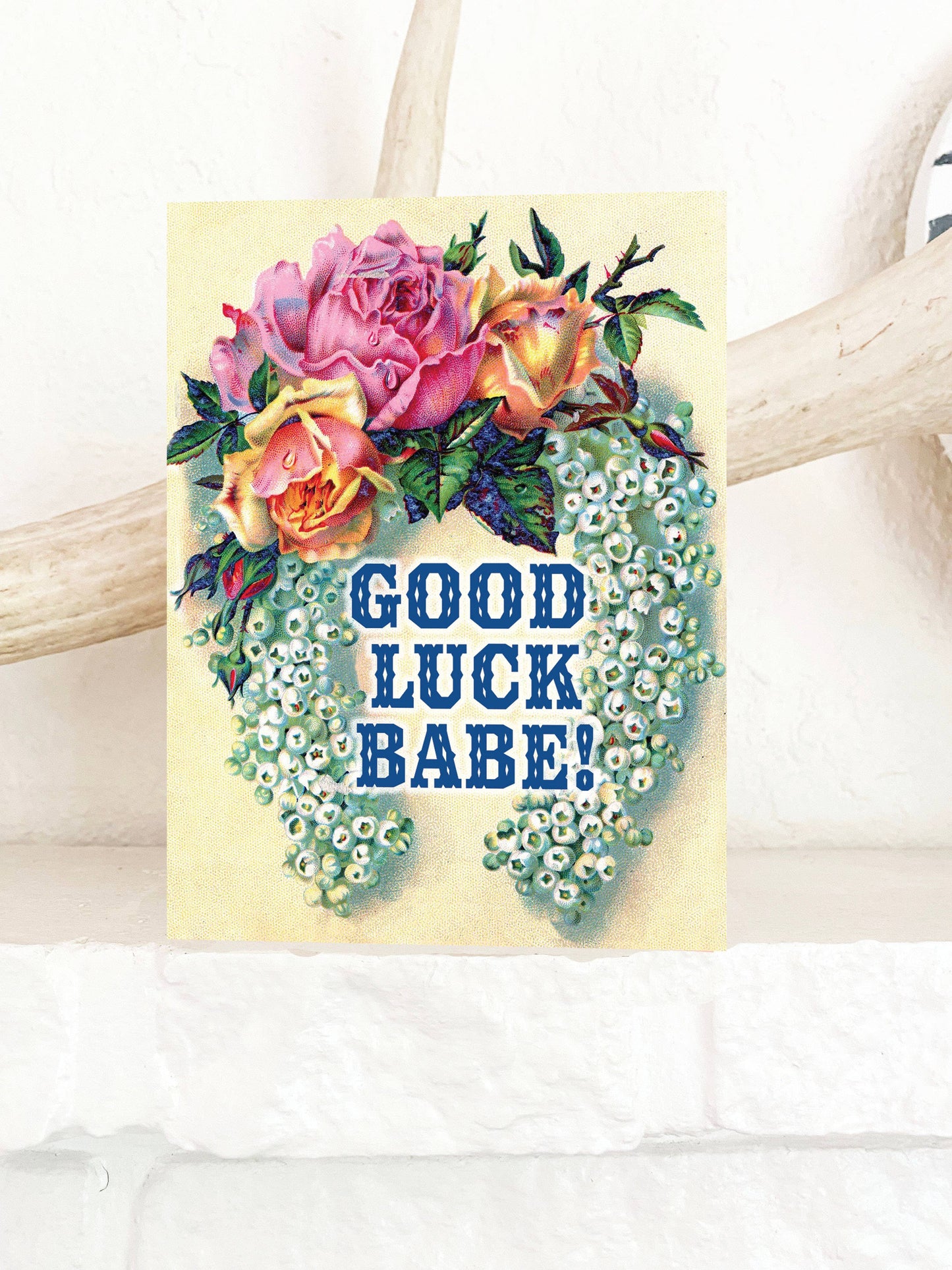 Good Luck Babe greeting card from The Coin Laundry featuring playful handwritten-style text and cheerful design elements.