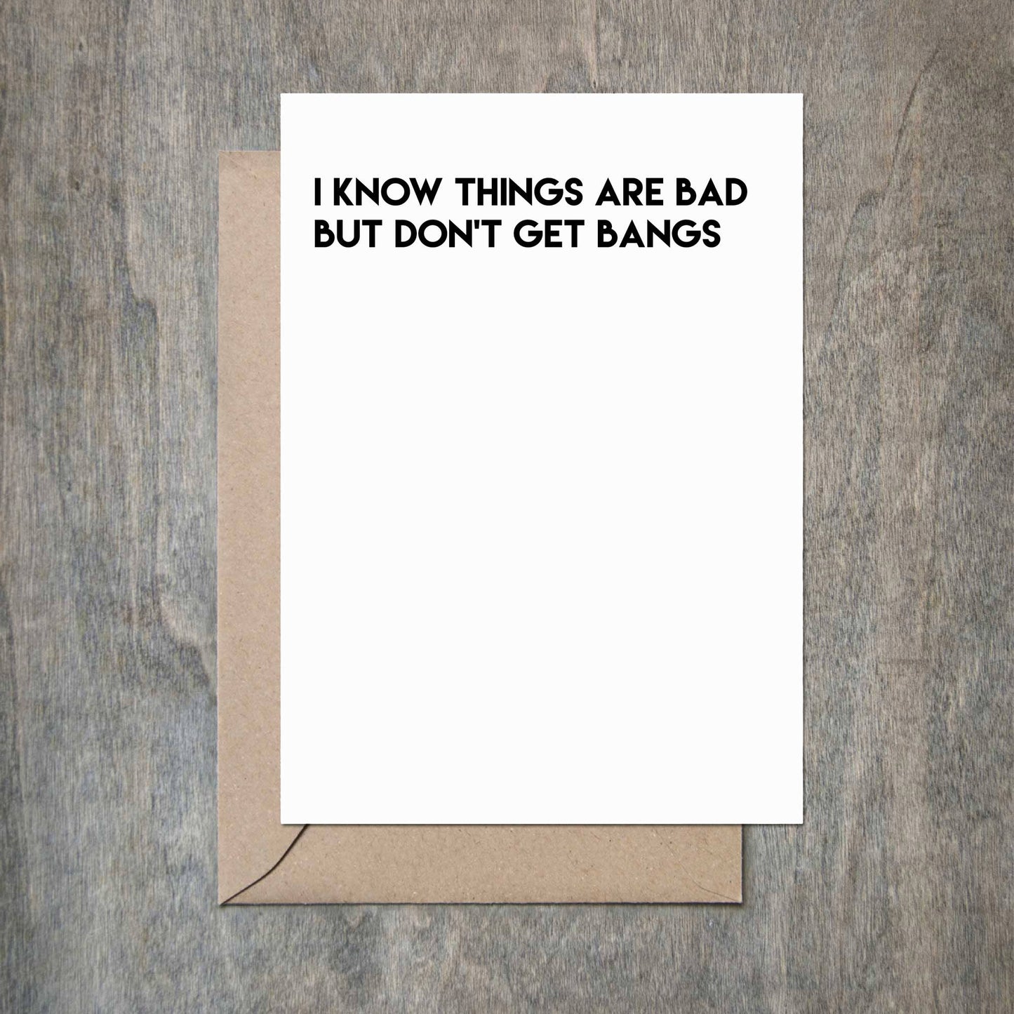 Don't Get Bangs card by Crimson and Clover Studio featuring playful, colorful design on a greeting card for humorous messages.