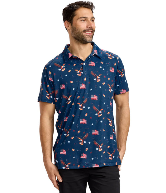 Men's 8-Bit Eagle Golf Polo by Tipsy Elves featuring patriotic American flag design on a casual golf shirt