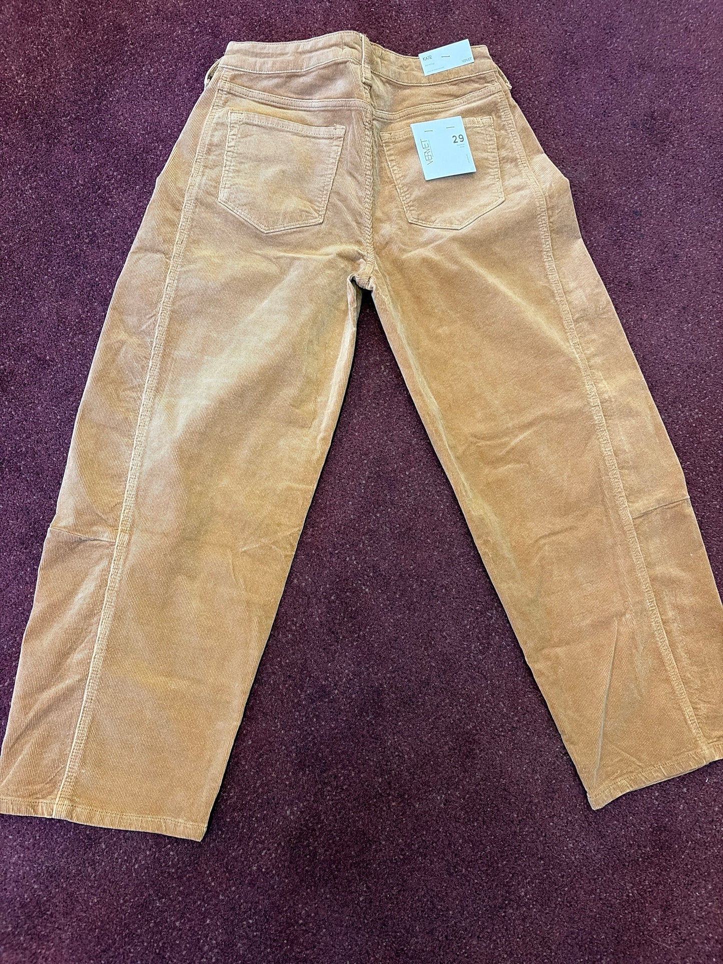 Vervet khaki barrel corduroy jeans with a relaxed fit, featuring classic five-pocket styling and a high-rise waist.
