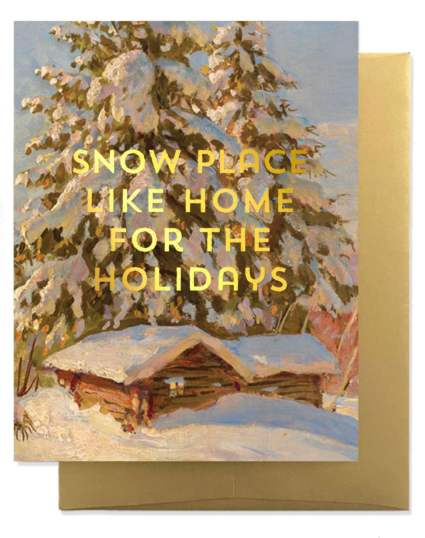 Snow Home greeting card by Billet Doux Cards featuring elegant gold foil design on a festive holiday card.