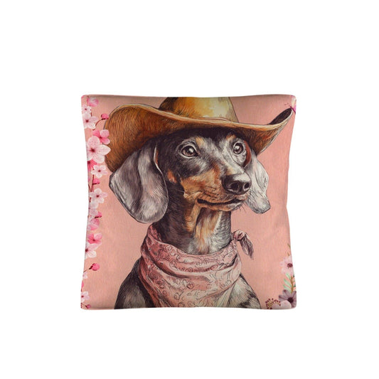 Danilo painted dachshund pillow case by BAHA RANCH WESTERN WEAR featuring colorful dog artwork, made in America.