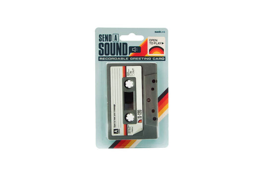 Cassette tape greeting card by SUCK UK Ltd, featuring a built-in recording feature for personalized messages inside a card.