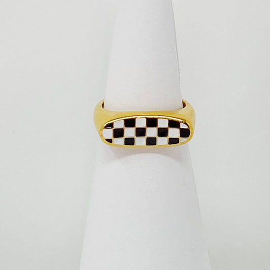Ellison+Young checkered oblong ring with geometric black and white checkered pattern, showcasing its unique design and silver band.