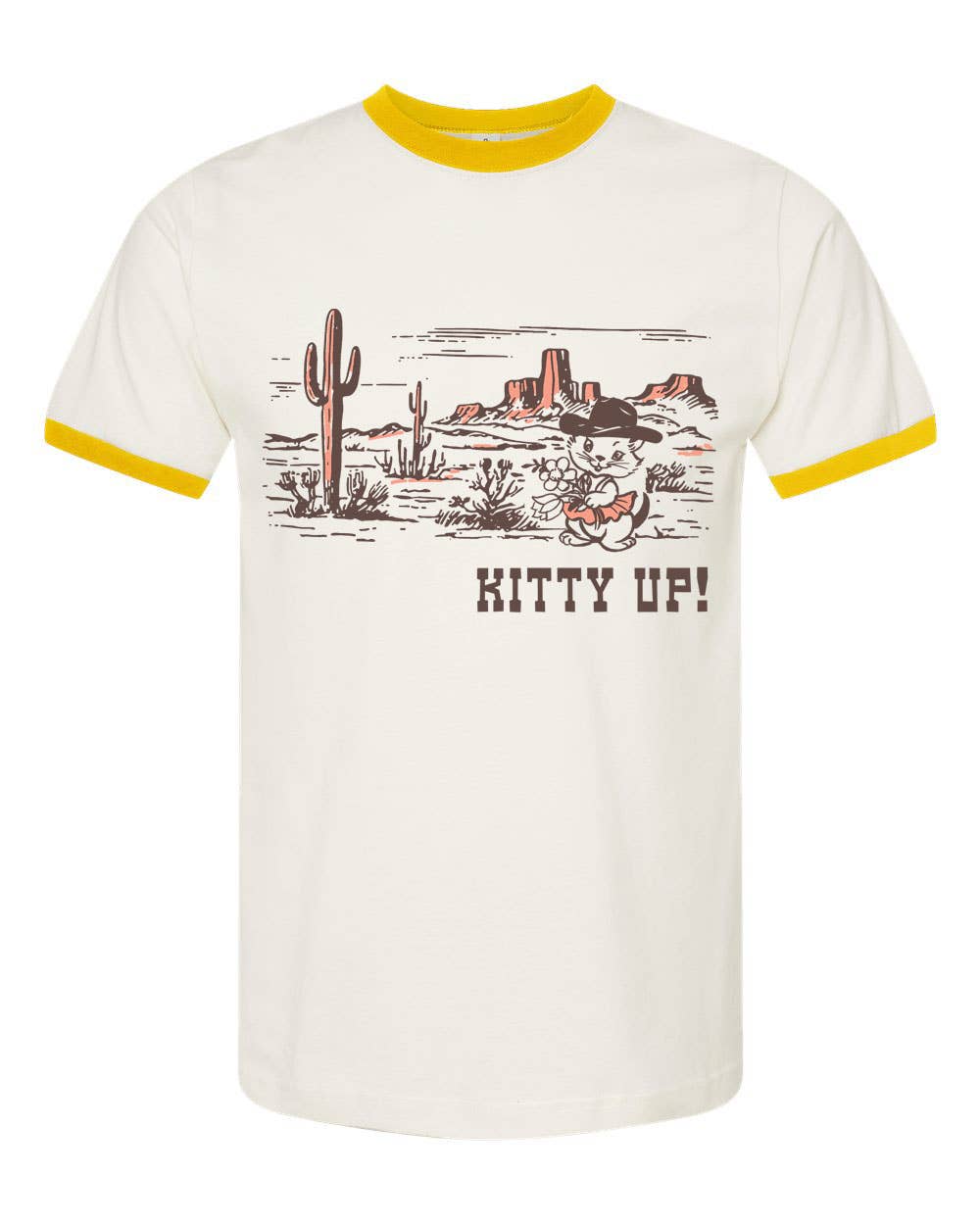 Cream yellow Kitty Up Ringer Tee shirt by The Coin Laundry featuring a funny cowboy cat graphic.