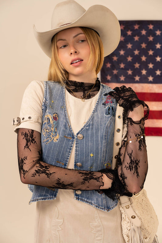Pinstripe Embroidered Denim Vest
