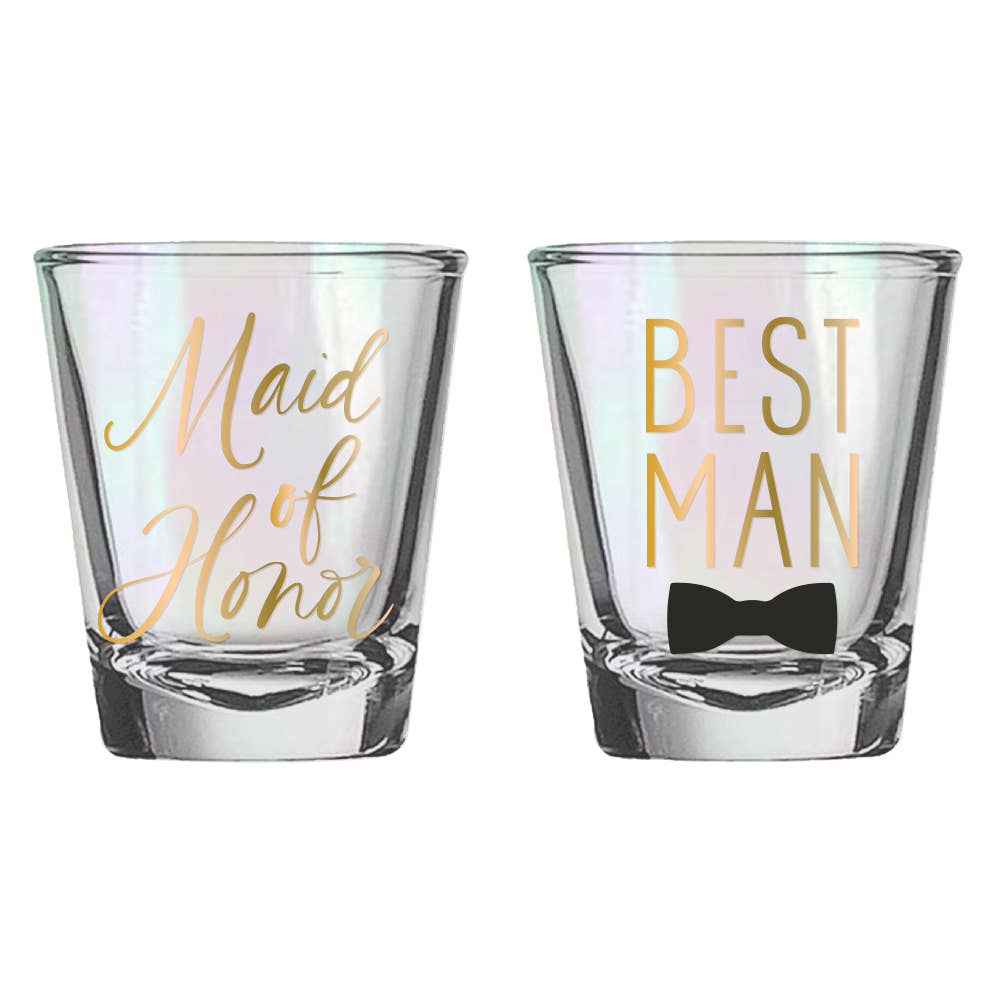 Set of two soiree-sisters maid of honor and best man shot glasses with celebratory designs for wedding toasts