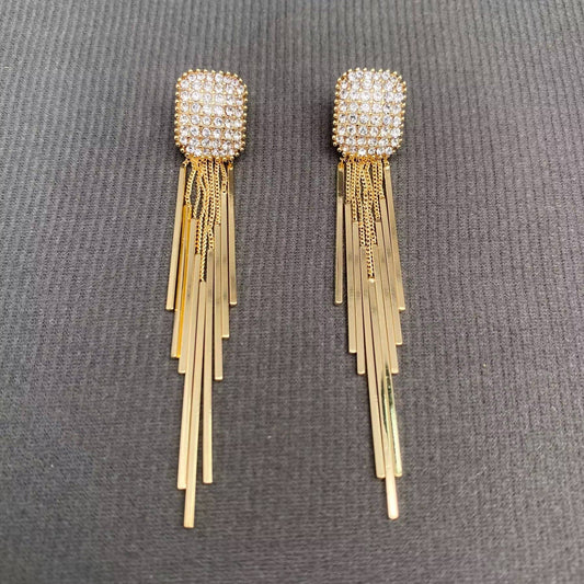 Gold fringe rhinestone earrings by Mio Queena featuring sparkling rhinestones and long fringe design for elegant style.