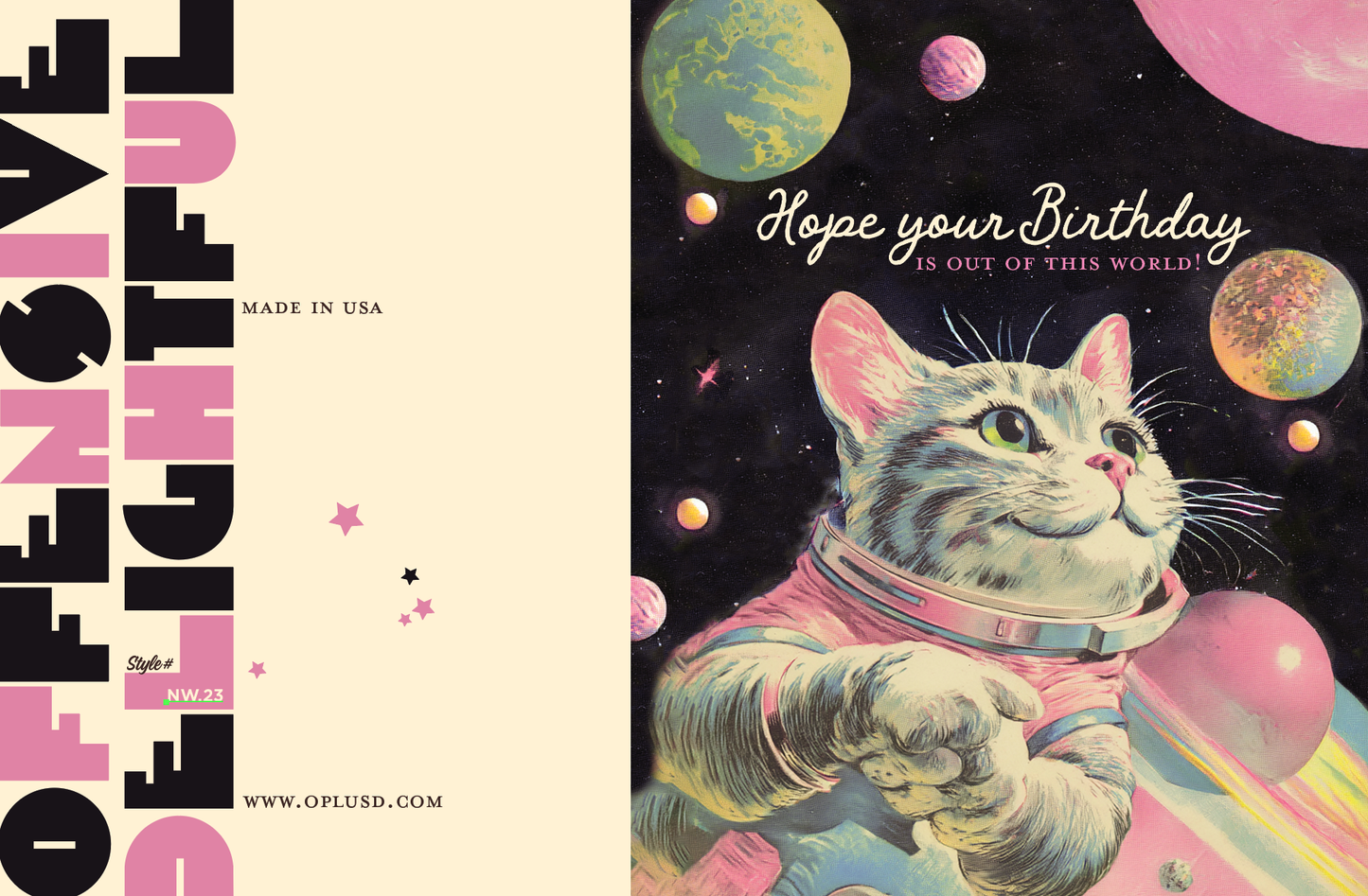 Colorful "Out of This World" birthday card for cats by Offensivedelightful, featuring playful space-themed cat illustrations.