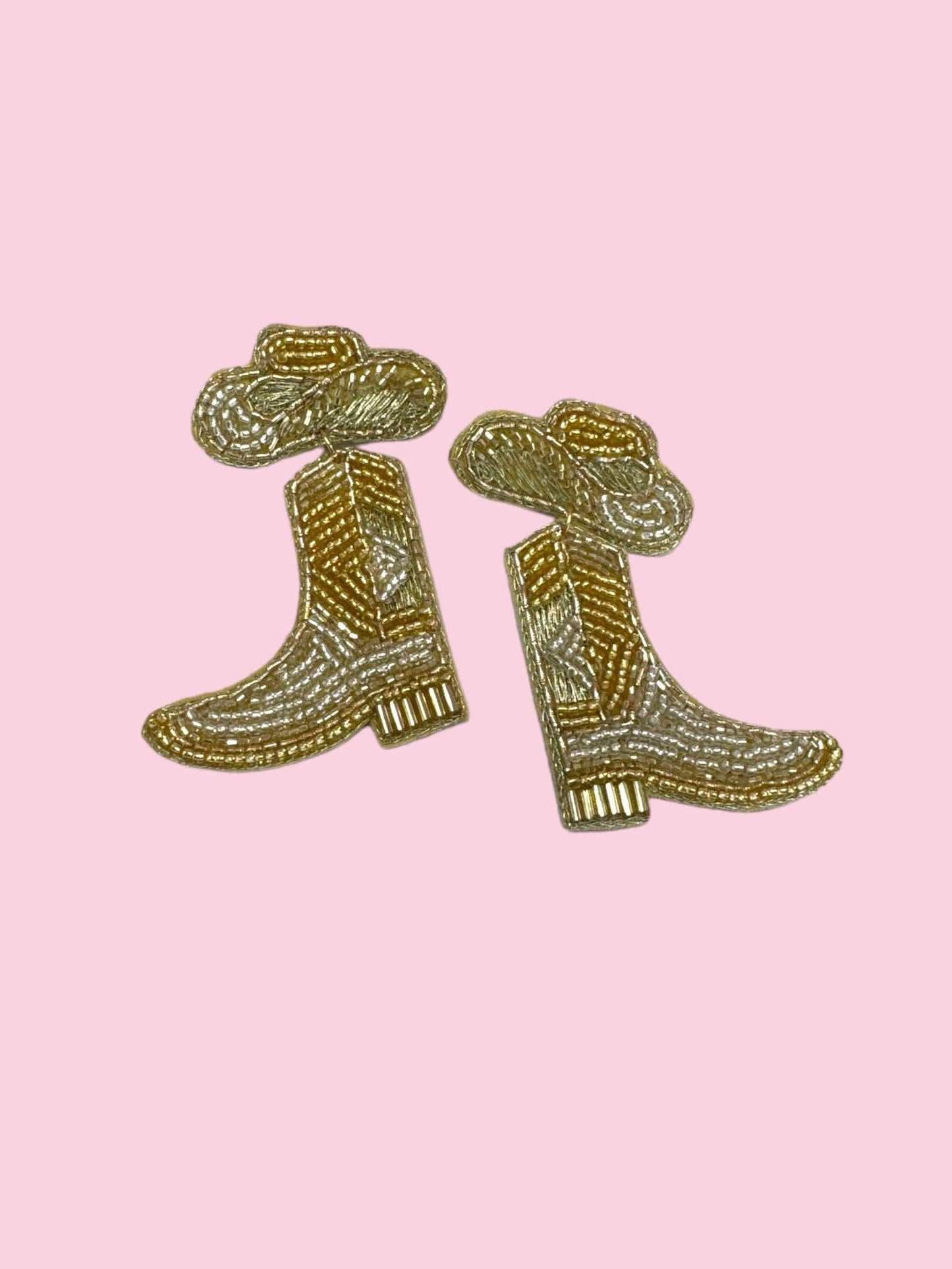 Gold beaded earrings from Camel Threads featuring intricate beadwork and elegant design, displayed against a neutral background.
