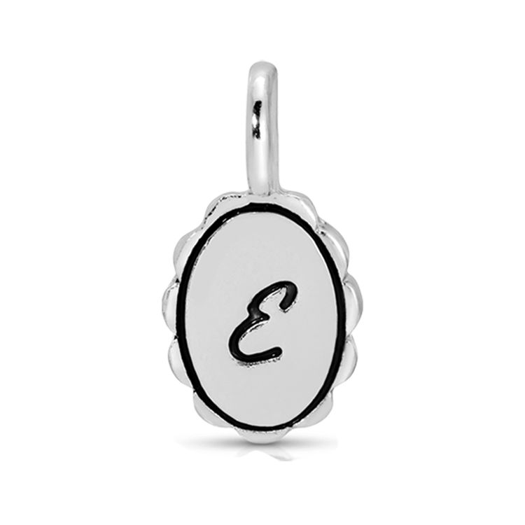 Silver scalloped initial charm with letter E from Lucky Feather's Charm Garden collection, featuring intricate design details.