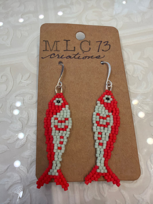 Handbeaded fish earrings by MLC73, featuring colorful, intricate beadwork and fish-shaped design for a unique jewelry look.