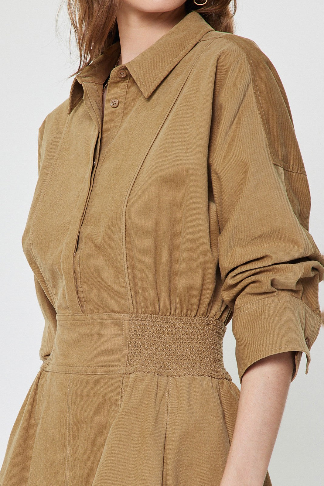 Camel shirt collar mini dress by Current Air, featuring a stylish collar and a sleek, fitted silhouette perfect for casual or dressy occasions.