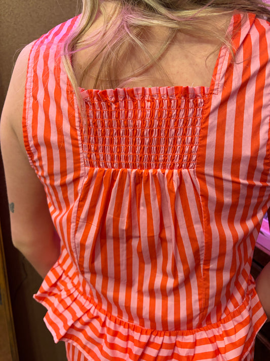 Entro Candy Striper Top, casual women's blouse with striped pattern, short sleeves and V-neck, displayed on a hanger.