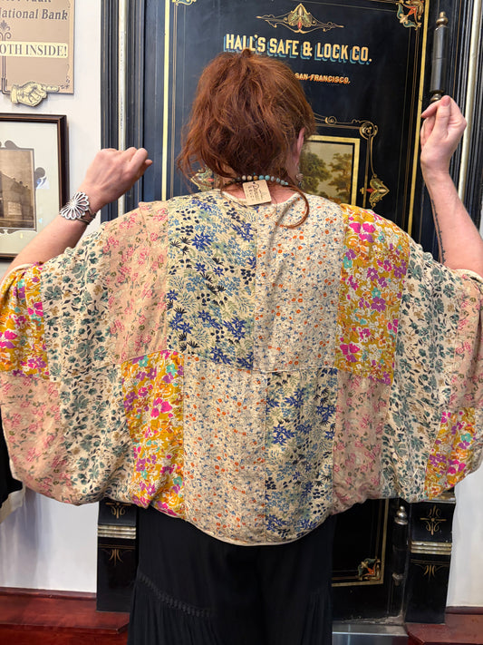 Camille & Co. cropped garden kimono top with floral pattern, lightweight fabric, and wide sleeves for a stylish, breezy look.