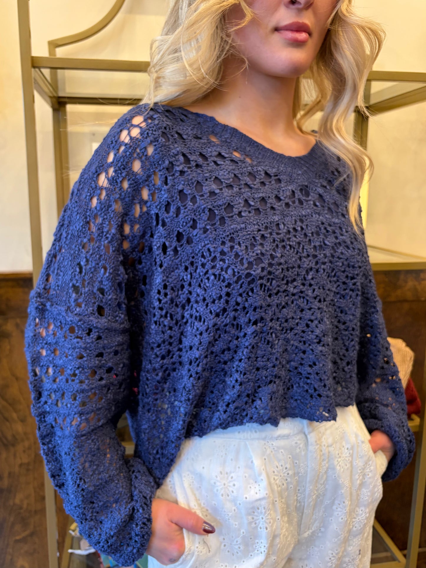 Light blue eyelet lace pants by Simply Southern, featuring intricate lace details and a relaxed fit for casual wear.