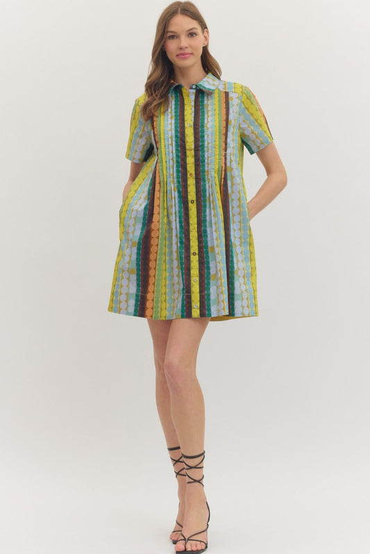 Entro Mod Dots Dress featuring a stylish polka dot pattern, sleeveless design, and fitted silhouette for a chic, casual look.