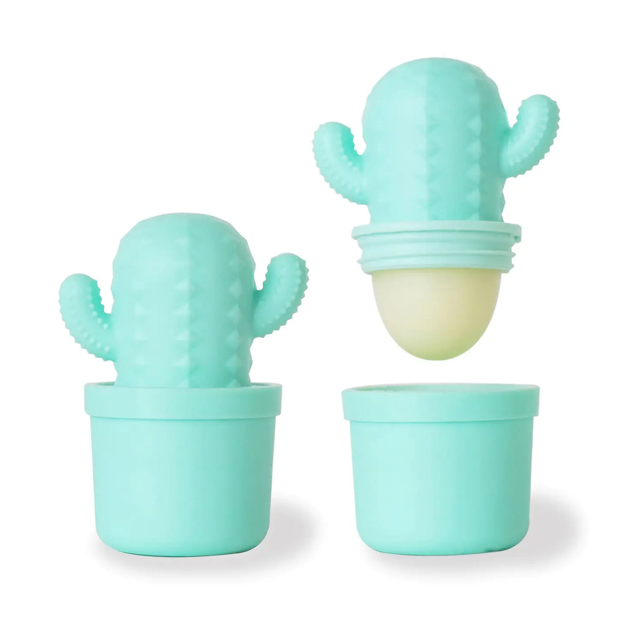 Two views of a novelty lip balm in a sculpted character-shaped case shown assembled and disassembled, with the dome-shaped balm applicator and twist-off base cup visible.