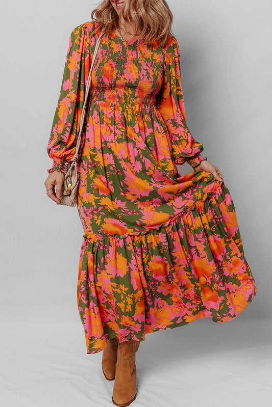 LDC Floral Smocked Puff Sleeve Ruffled Long Dress