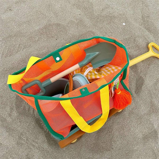 ACCITY Mesh Beach Bag with breathable design, see-through mesh material, ideal for carrying beach essentials and accessories.