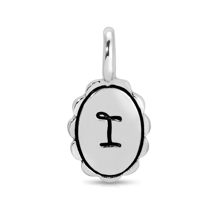 Silver scalloped initial charm with letter I from Lucky Feather Charm Garden collection, featuring intricate design details.