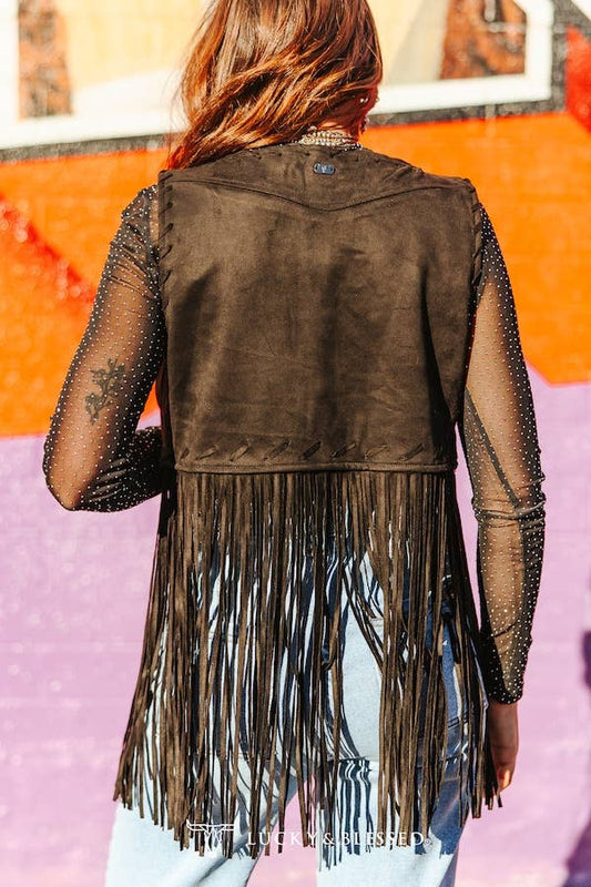 Black Suede Fringe Studded Vest