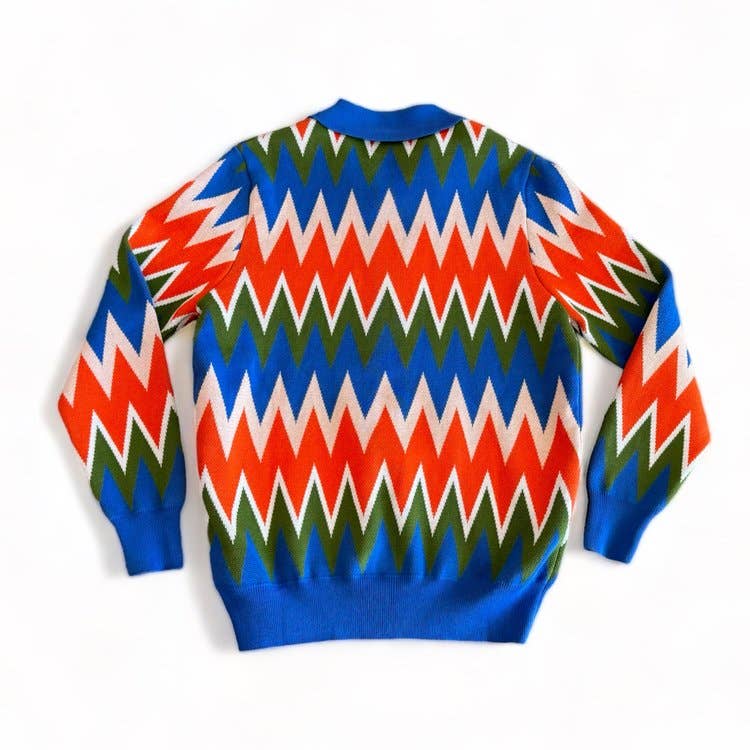 Zig Zag Knit Jacquard Polo Cardigan