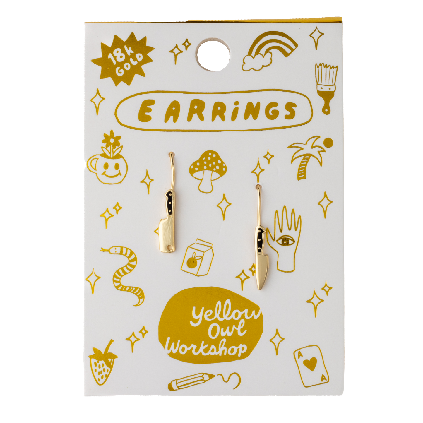 Yellow Owl Workshop chef's knife and cleaver earrings with detailed silver-tone metal design on a white background
