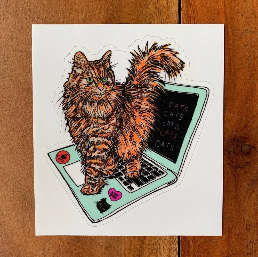 Colorful Hacker Cat sticker by Slow Loris featuring a playful cat wearing sunglasses and a hoodie, perfect for decorating laptops or notebooks.