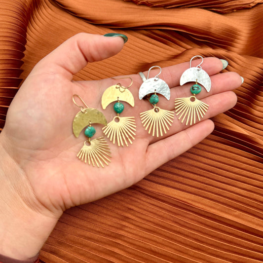 Fluff Hardware Solstice Earrings featuring delicate gold hoops with intricate leaf-shaped charms, stylish jewelry for women.