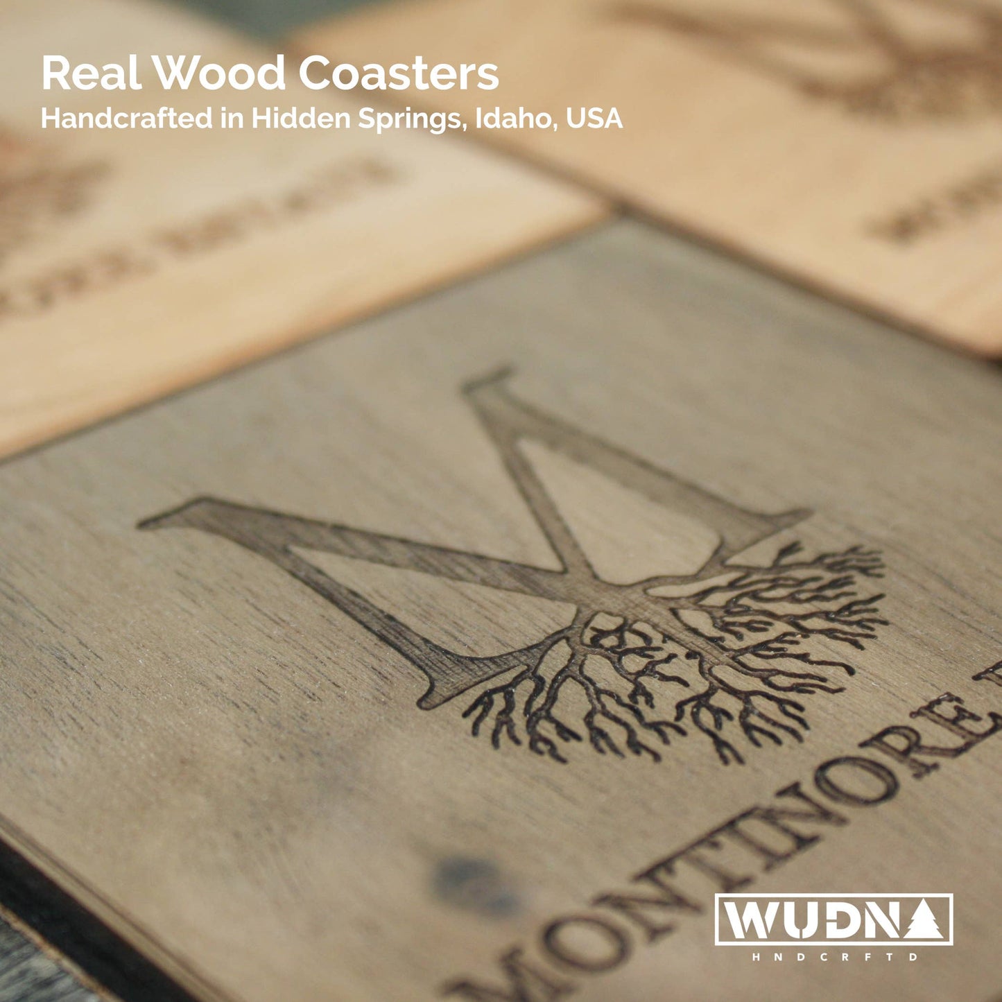 Set of four handcrafted mahogany wood coasters featuring tree stump design from WUDN Handcrafted.