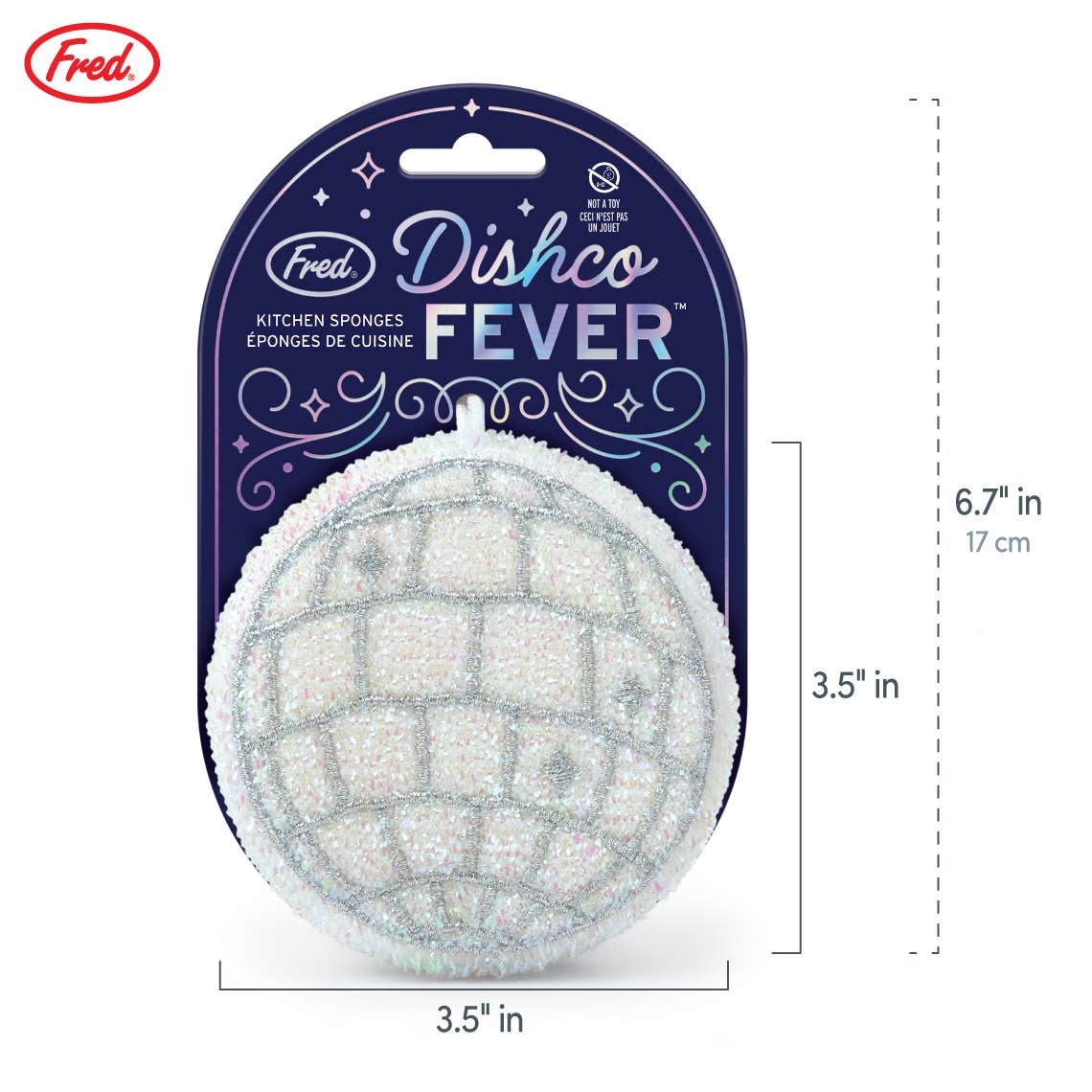 Fred & Friends Disco Ball Sponges set of 2, colorful round dishwashing sponges with shiny, reflective disco ball design.