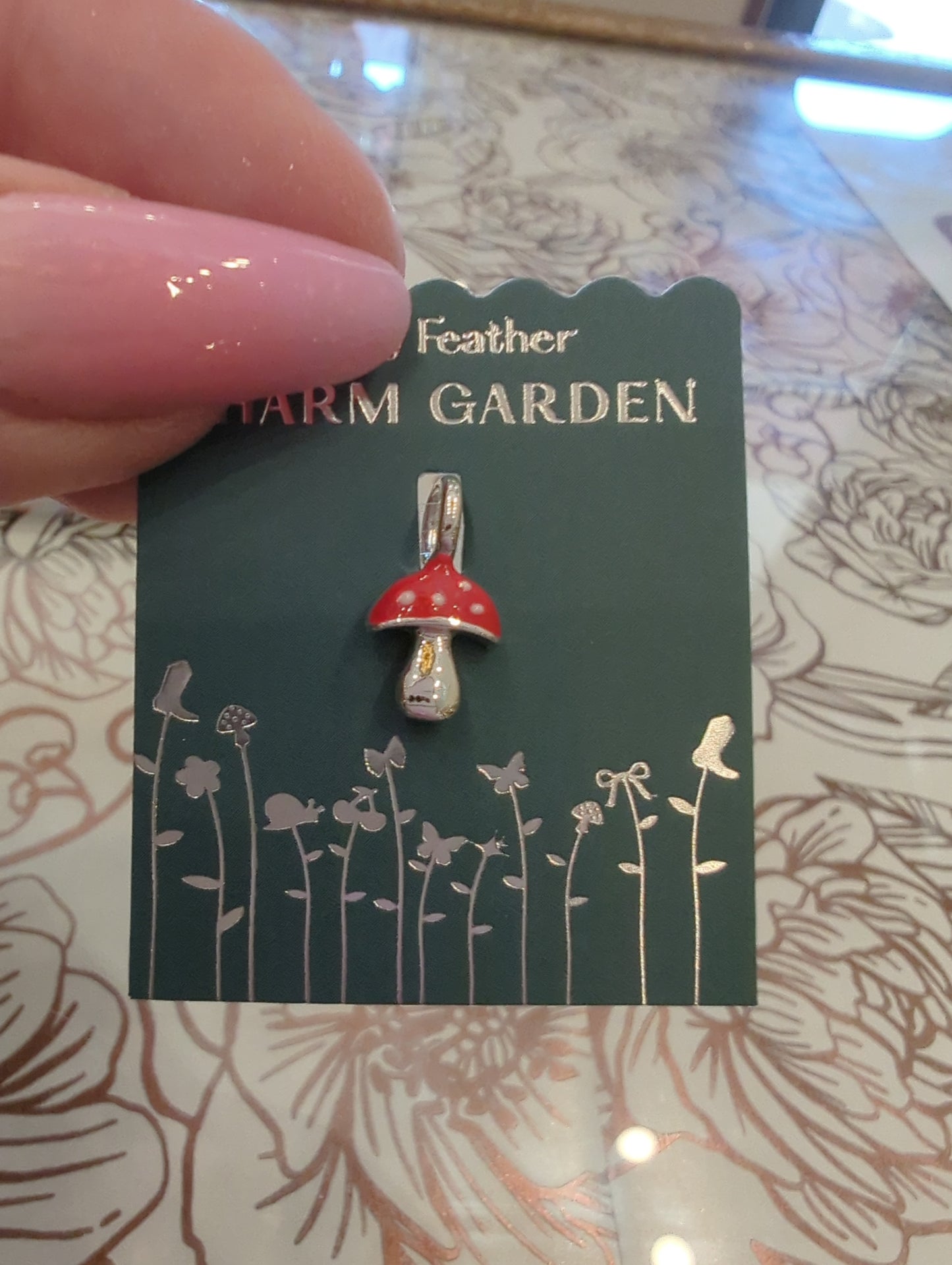 Lucky Feather Charm Garden mushroom silver charm featuring a detailed mushroom design, perfect for jewelry or charm bracelets.