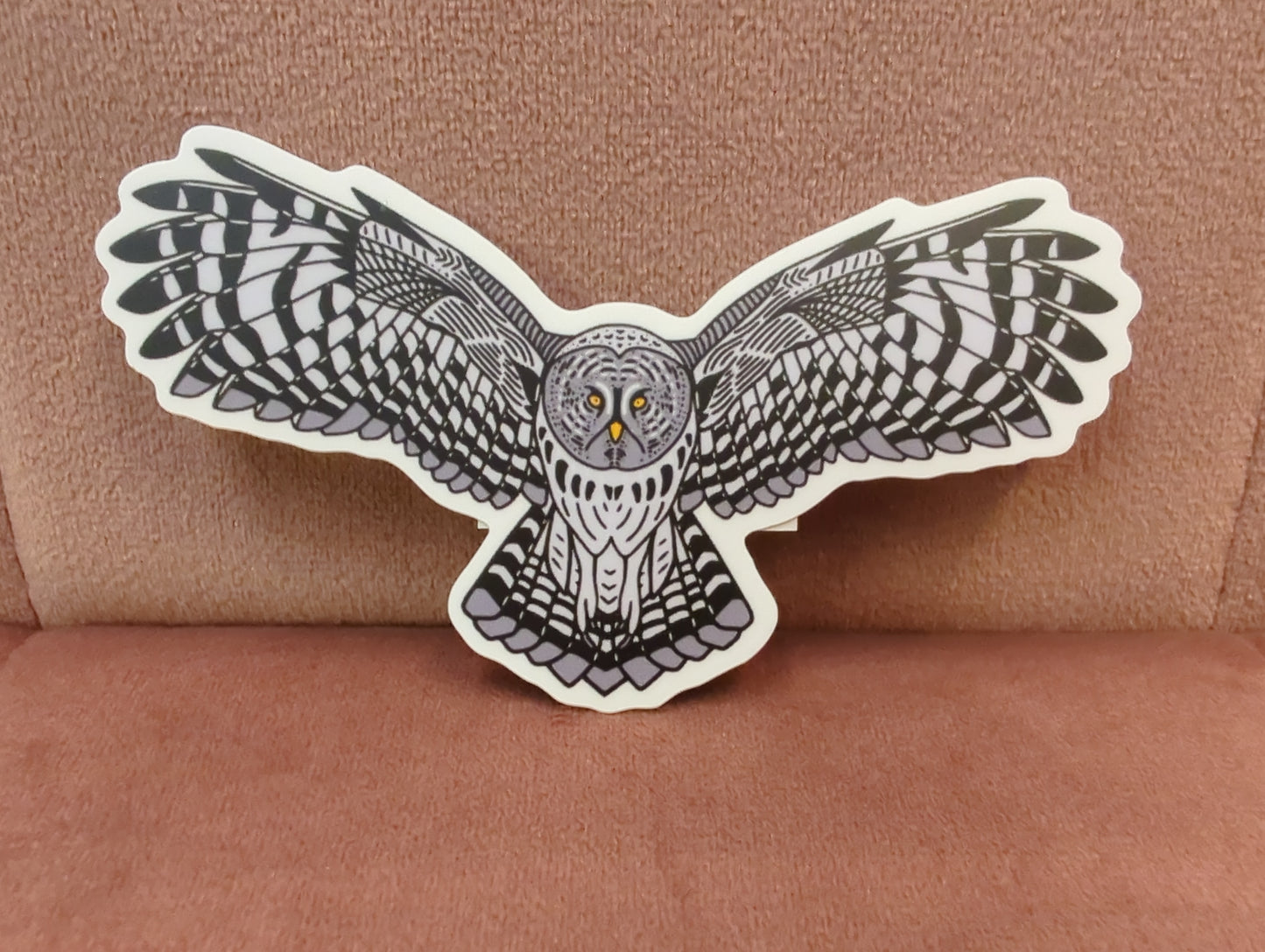 Great Gray Owl sticker by Field Guide Designs featuring detailed illustration of a majestic gray owl on a transparent background.
