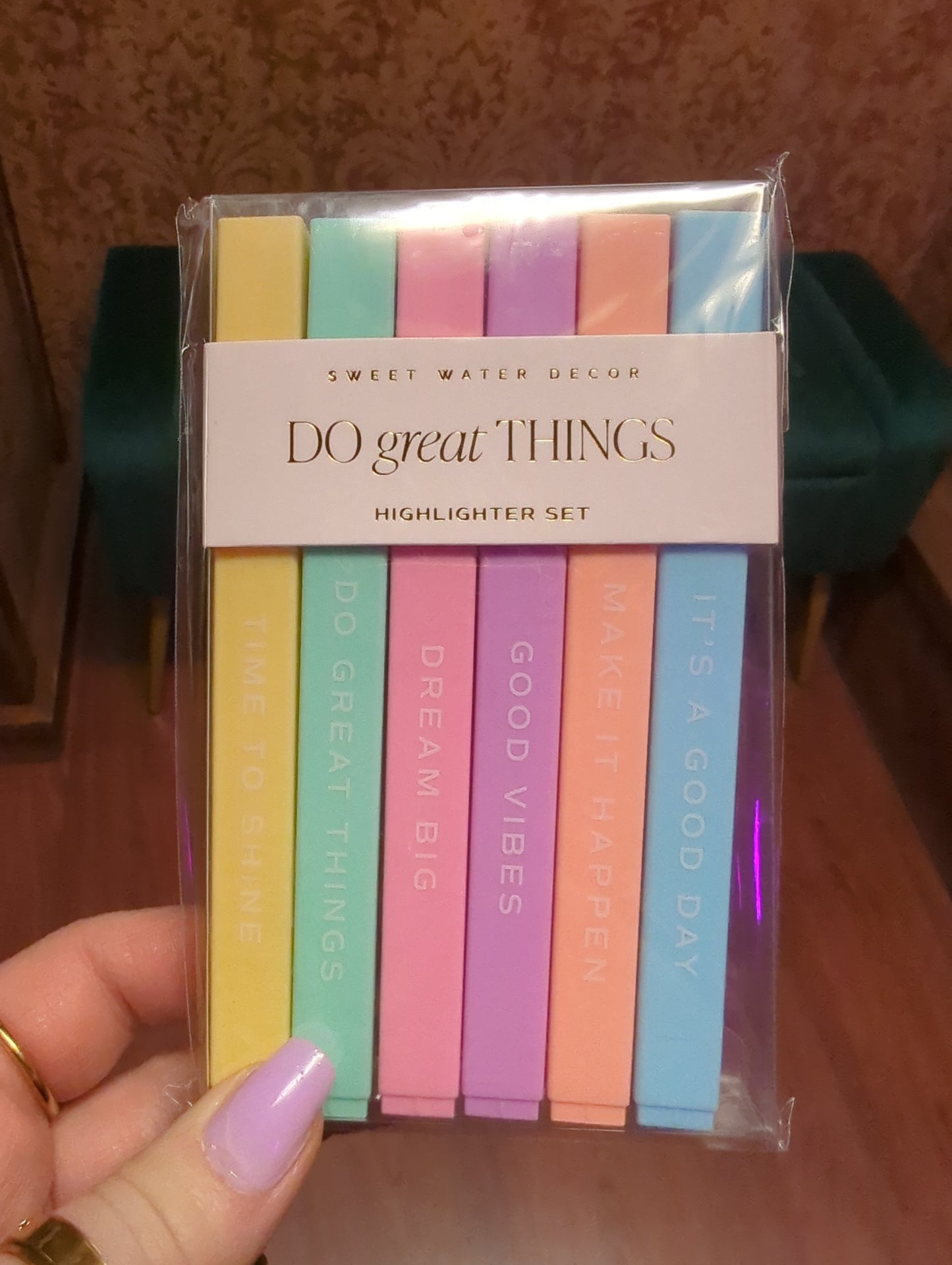 Sweet Water Decor Do Great Things highlighter pen set with vibrant colors on white background