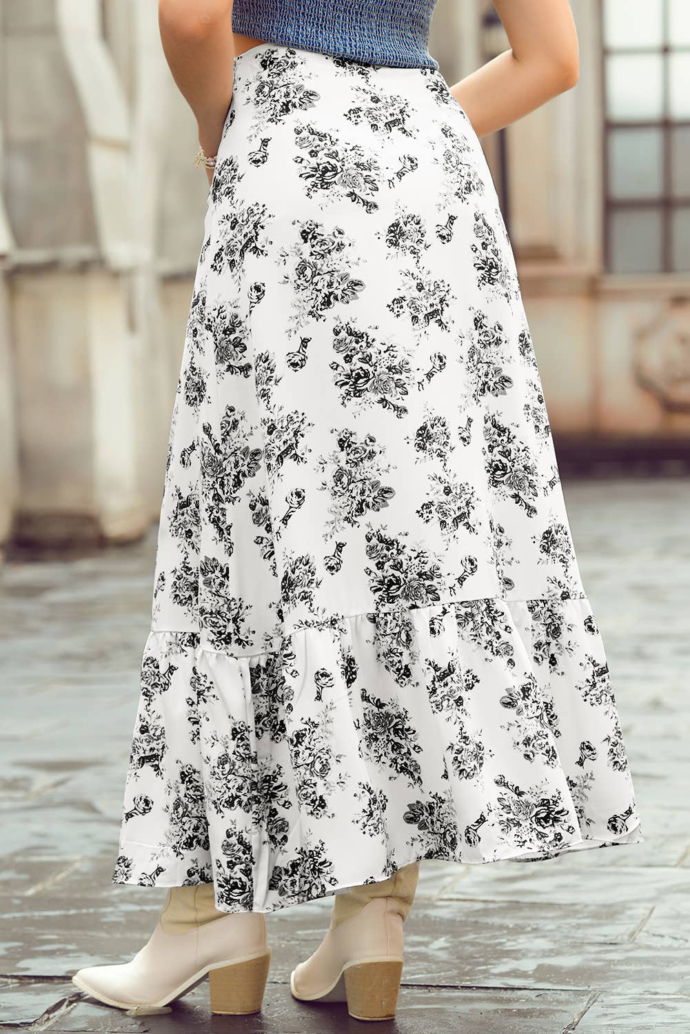 Floral Ruffle Split Maxi Skirt