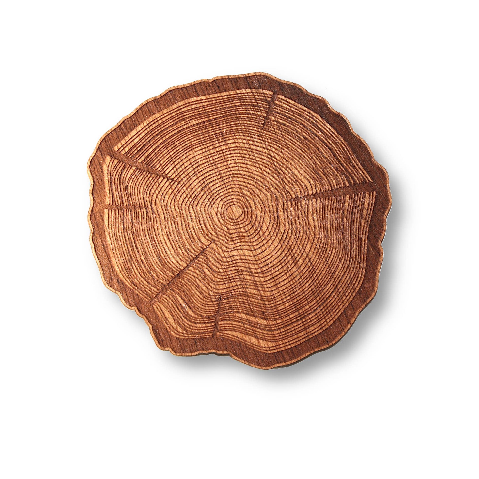 Set of four WUDN Handcrafted wood coasters featuring natural mahogany tree stump design, perfect for protecting surfaces.