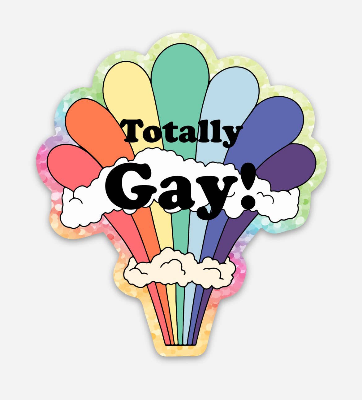 Colorful rainbow glitter sticker featuring the Totally Gay logo, designed by The Coin Laundry for fun and expressive sticker art.