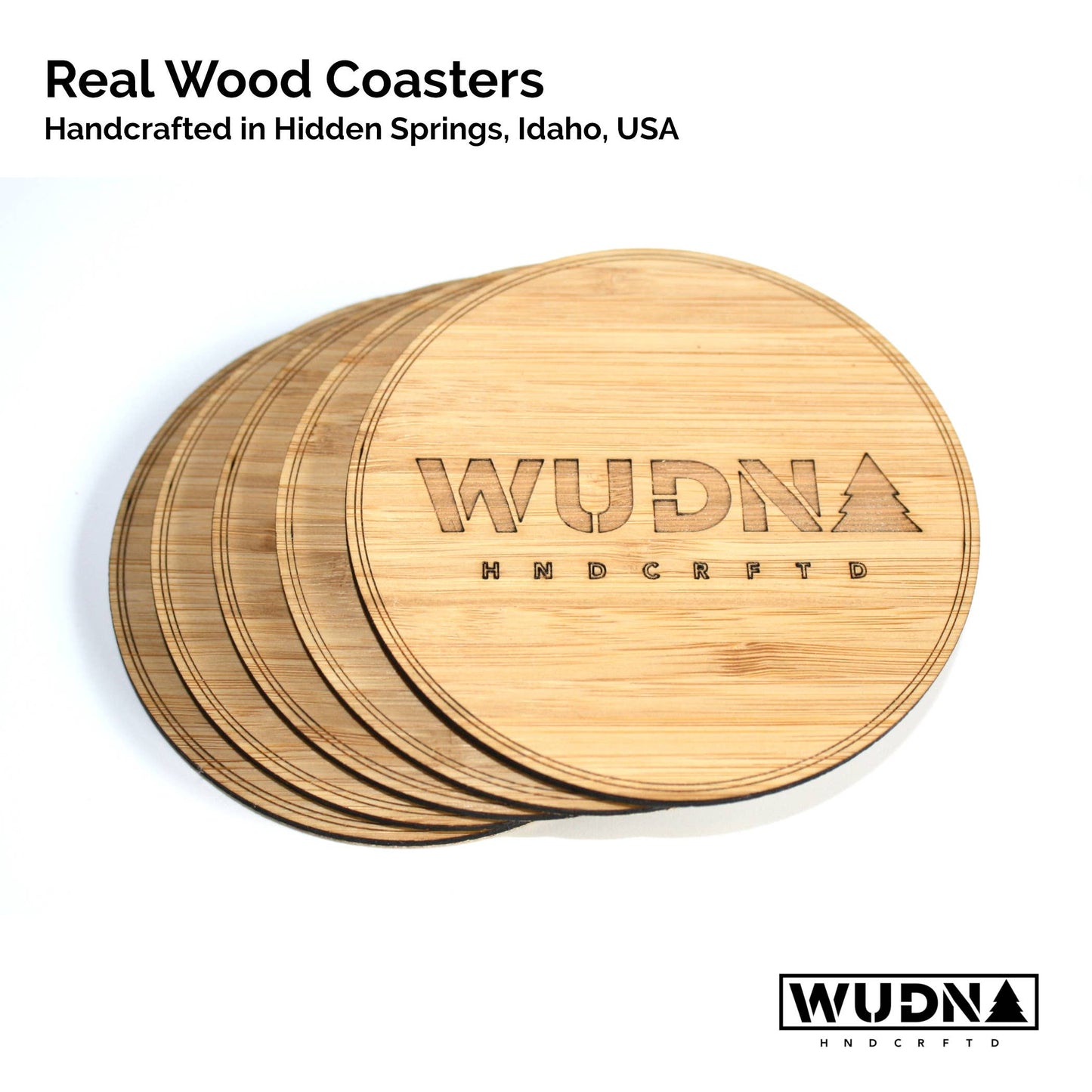 Set of four handcrafted mahogany wood coasters shaped like tree stumps by WUDN Handcrafted, natural wood grain and textured edges