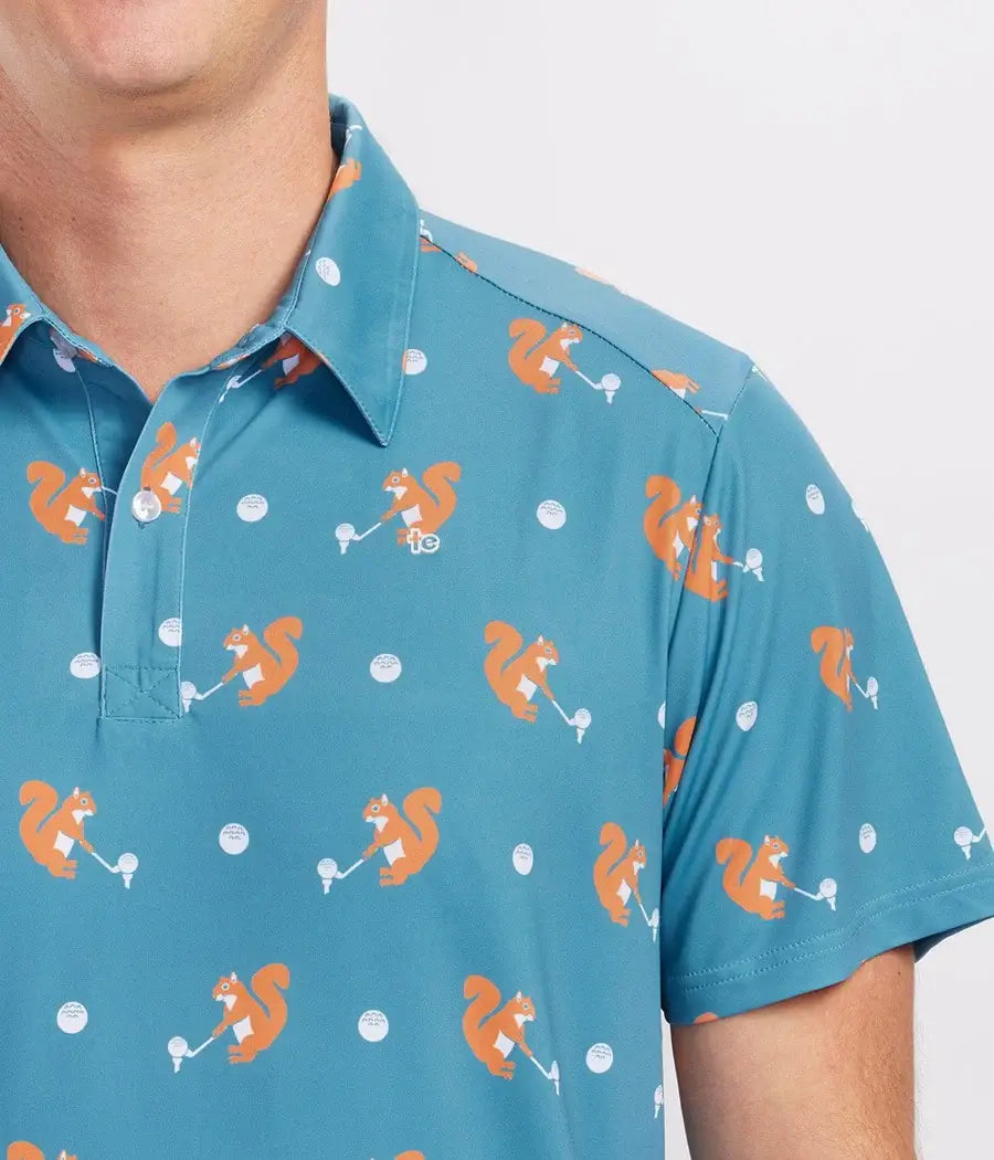 Tipsy Elves men's golf polo with fun squirrel print, short-sleeve men's polo shirt for casual golf or outdoor wear.