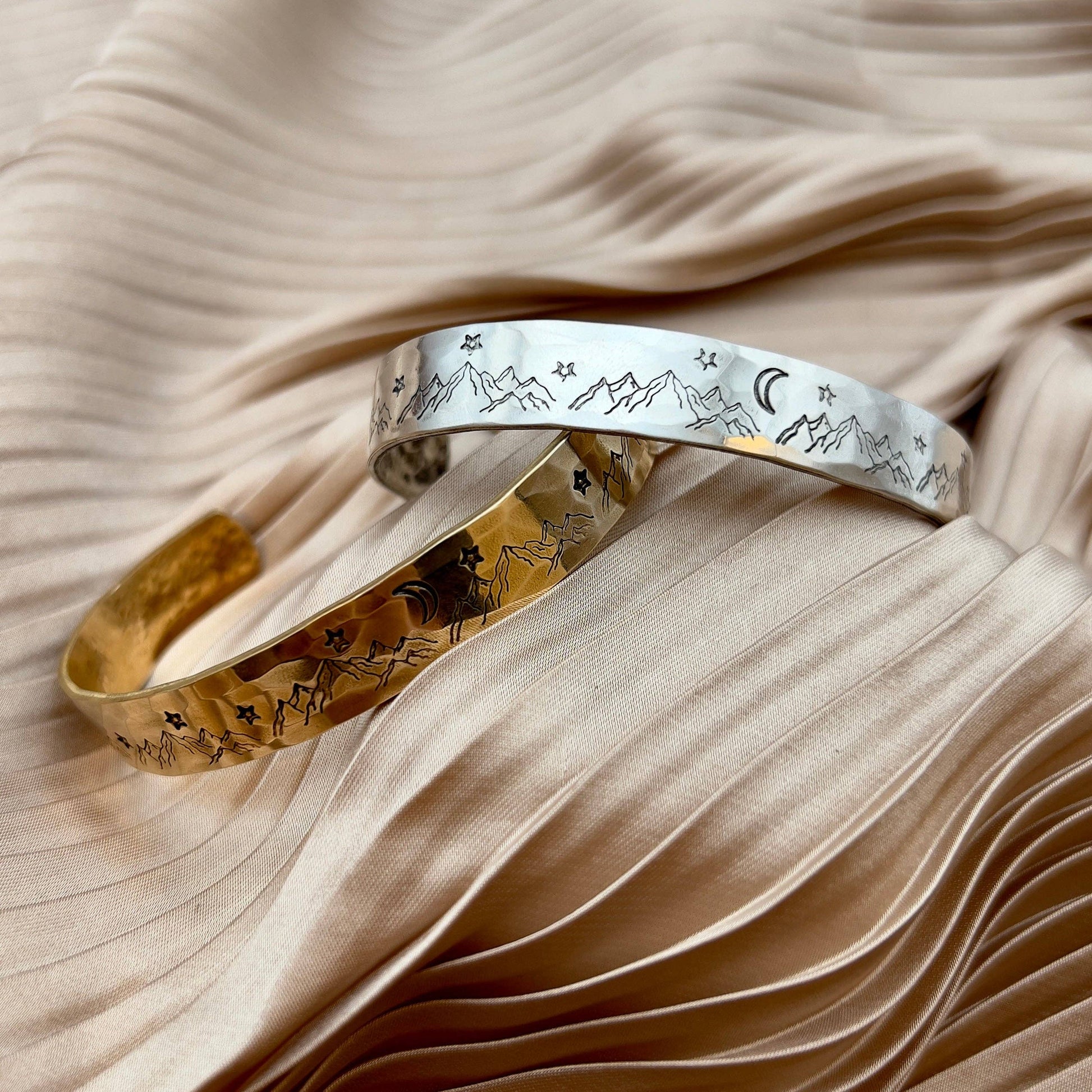 Handmade Mountain High cuff bracelet by Fluff Hardware featuring rugged metal design and adjustable fit.