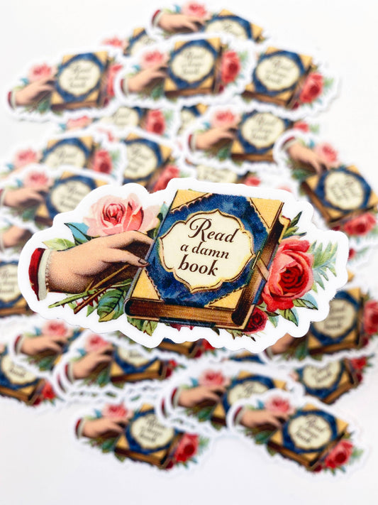 Sticker featuring the phrase "Read a Damn Book" by The Coin Laundry, with bold black text on a white background.