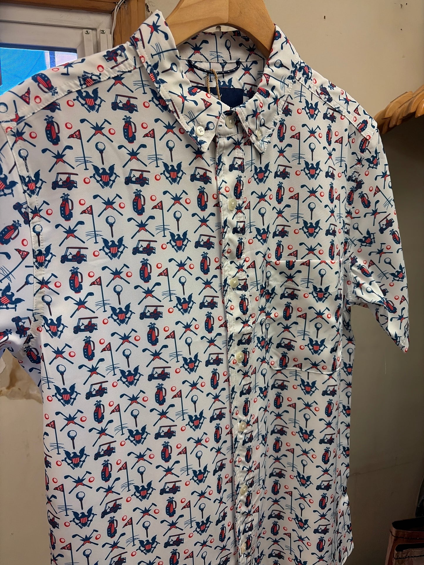 Men's men's dress shirt by Simply Southern, Good at Golf button-down with UPF 40 sun protection, in a classic style.